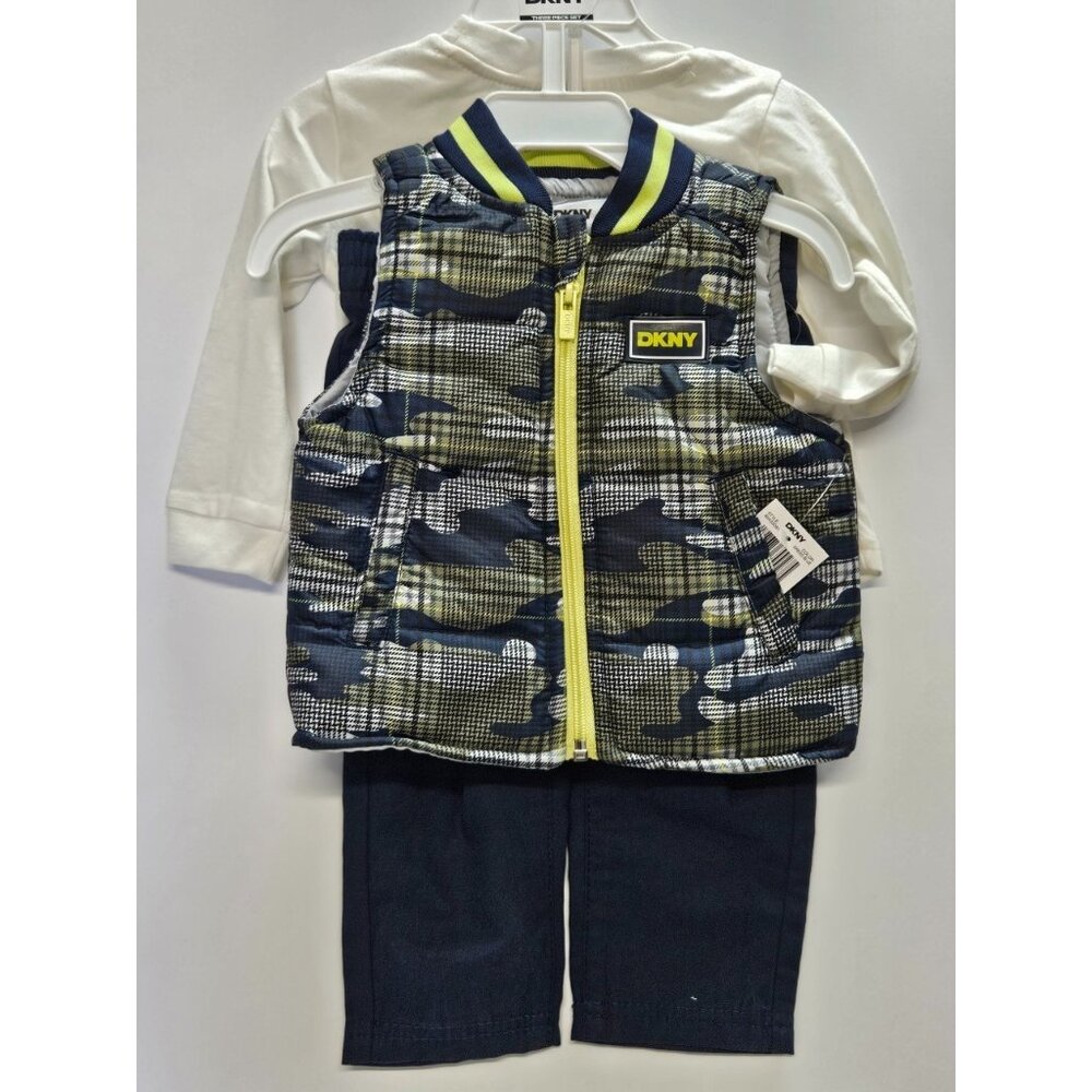 DKNY Size 12 M Set Of 3, Green- Blue Vest/ Blue Pants/ Cream Long Sleeve Print